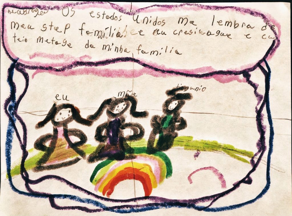 An immigrant girl who is living far from her family in Brazil. Text and reflection on the people she misses. Aged 6. 