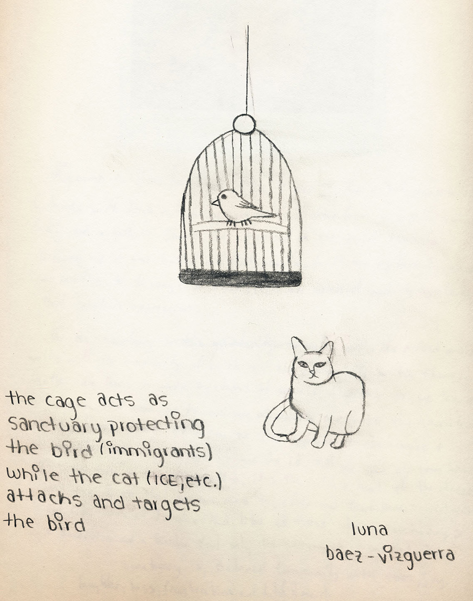 Drawing by Luna Baez about her representation of living in sanctuary, Colorado, USA. February 2019. 